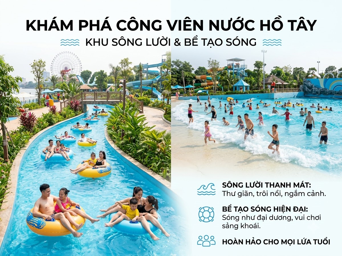 Khu vực bể tạo sóng và sông lười tại công viên Nước Hồ Tây