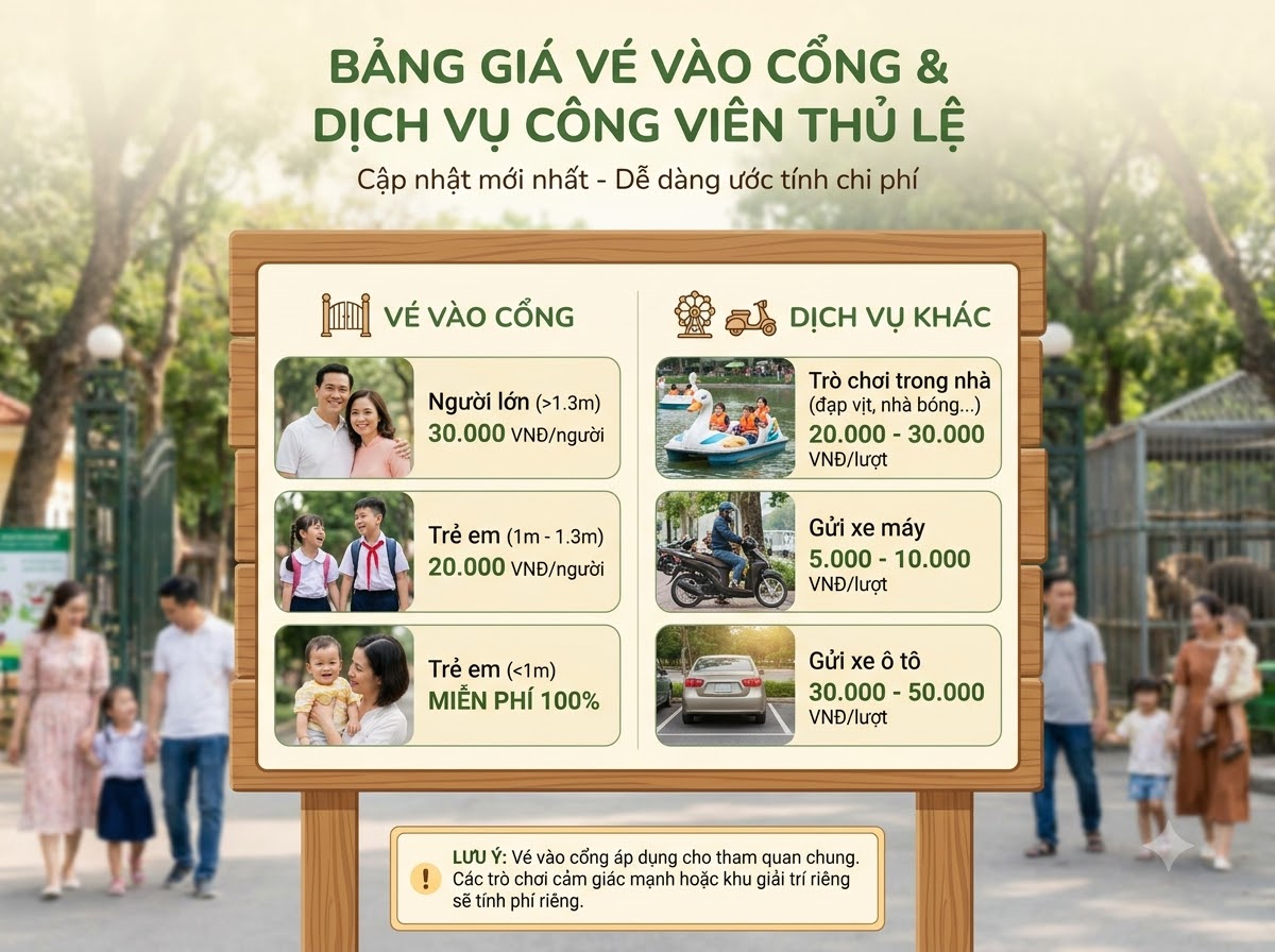 Bảng giá vé tham quan và dịch vụ tại Công viên Thủ Lệ
